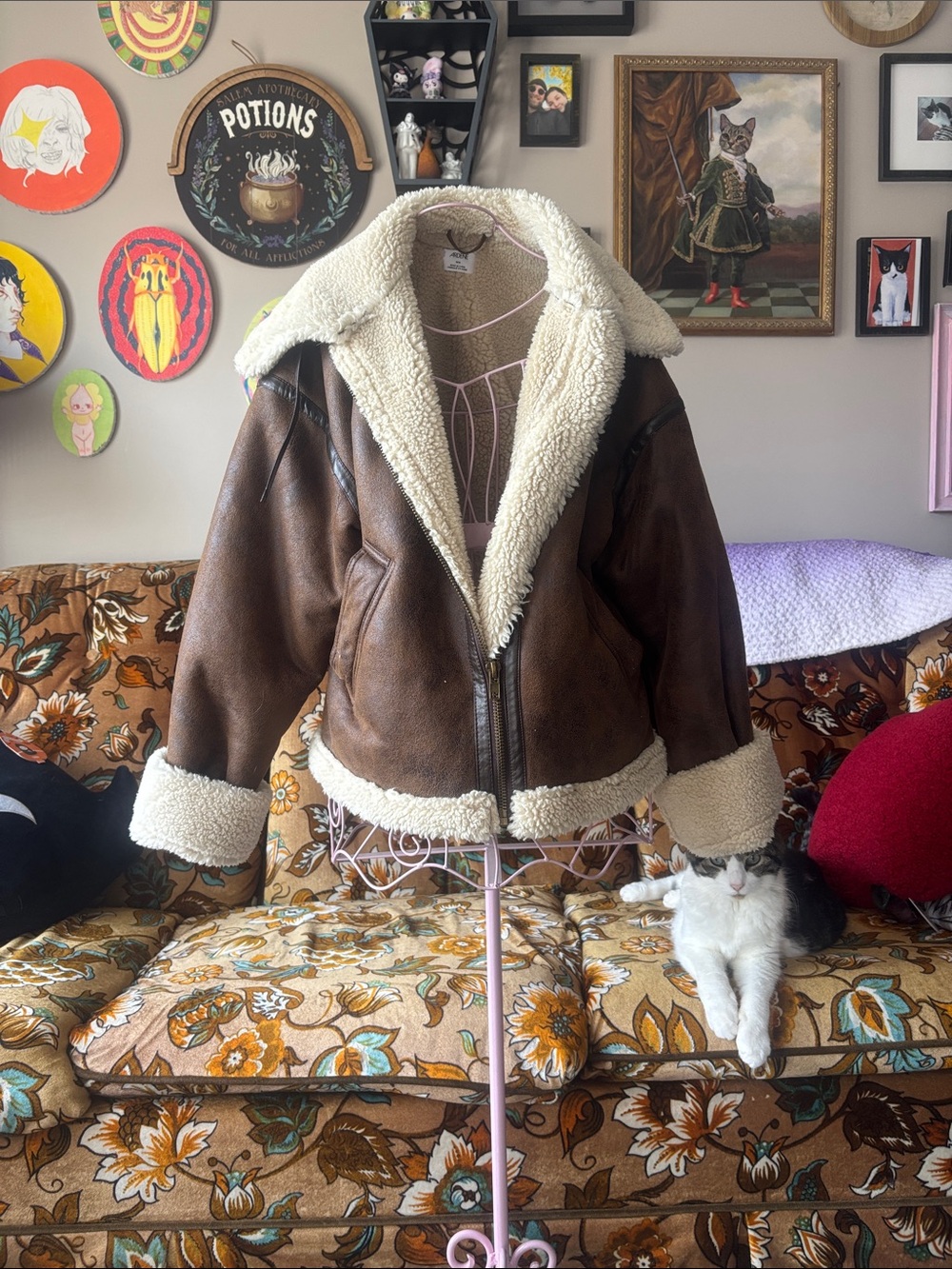 Ardene Brown Faux Leather Shearling Jacket with Cream Trim